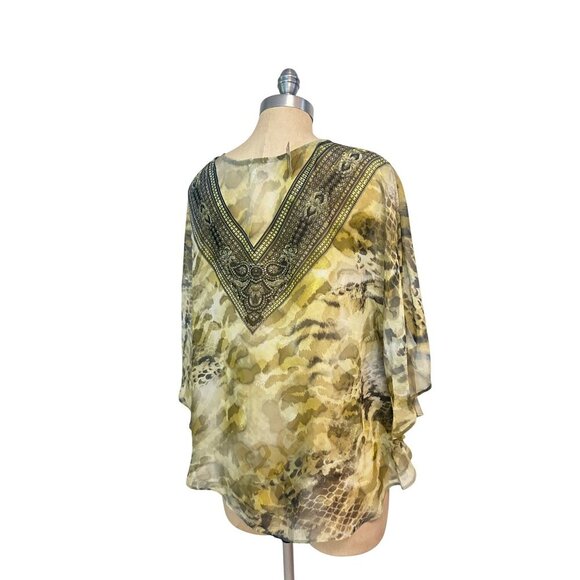 Chicos Paradise Jeweled V-Neck Sheer Poncho S/M 100% Polyester Leopard Print Gre - Picture 3 of 5
